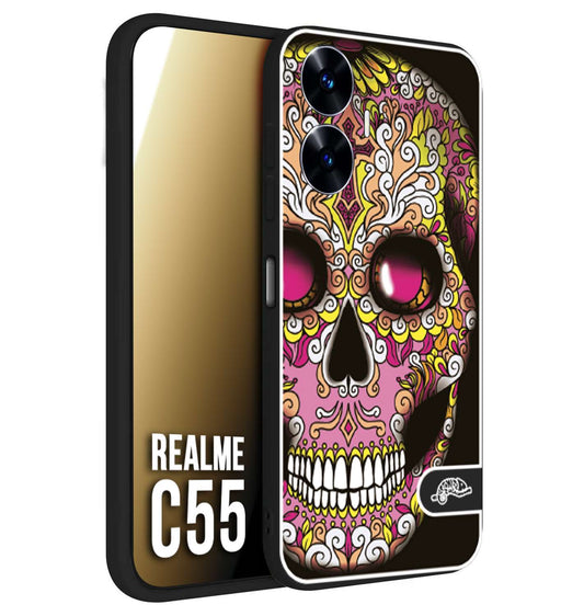 CUSTOMIZZA - Custodia cover nera morbida in tpu compatibile per Realme C55 teschio messicano Mexican skull rosa gialla