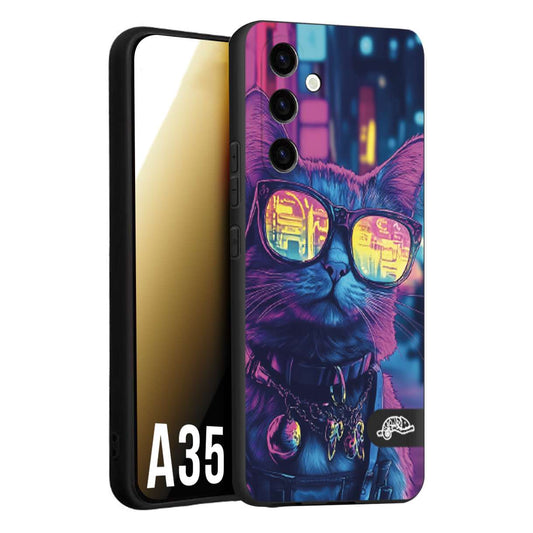 CUSTOMIZZA - Custodia cover nera morbida in tpu compatibile per Samsung A35 5G animali cyberpunk gatto street cat fucsia blu giallo