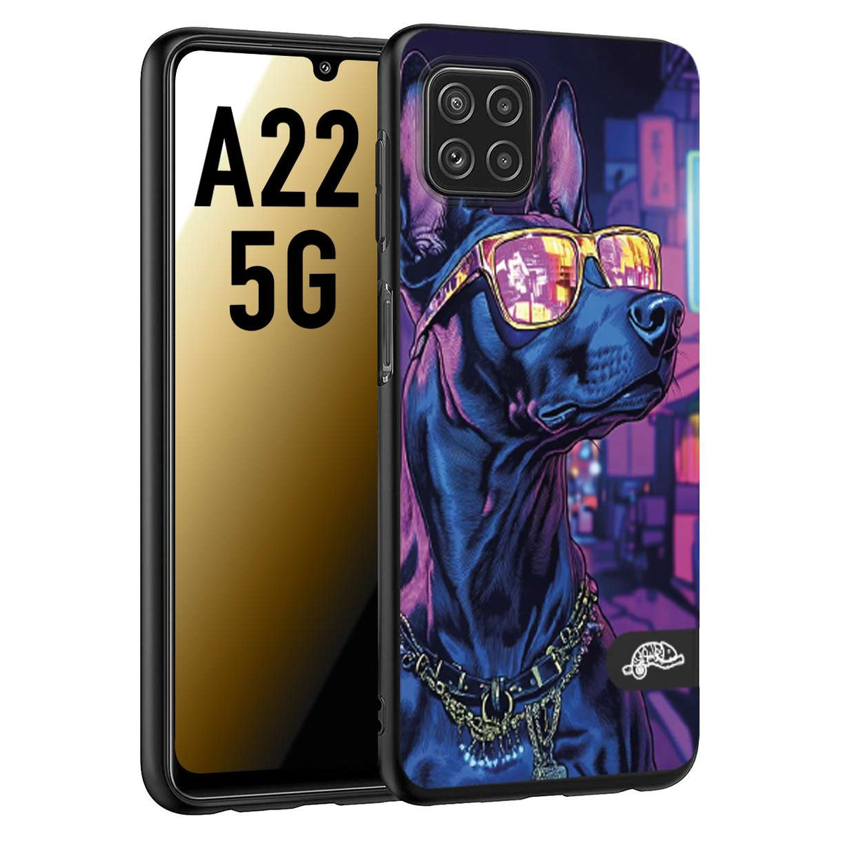 CUSTOMIZZA - Custodia cover nera morbida in tpu compatibile per Samsung A22 5G animali cyberpunk dobermann cane street dog fucsia blu night