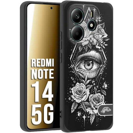 CUSTOMIZZA - Custodia cover nera morbida in tpu compatibile per Xiaomi Redmi Note 14 5G occhio fiori rombo geometrico black and white bianco a rilievo disegnato tattoo tatuaggio