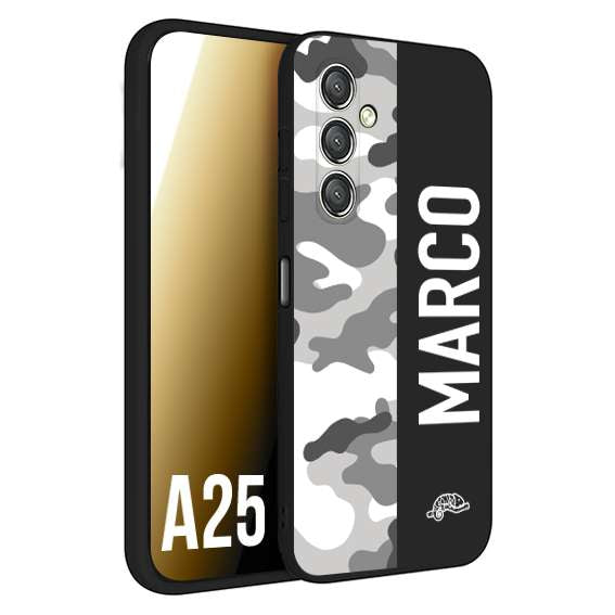 CUSTOMIZZA - Custodia cover nera morbida in tpu compatibile per Samsung A25 camouflage mimetico militare personalizzata nome bianco