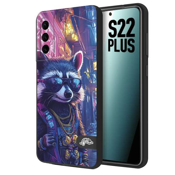 CUSTOMIZZA - Custodia cover nera morbida in tpu compatibile per Samsung S22 PLUS animali simpatici cyberpunk procione racoon street cat fucsia blu giallo
