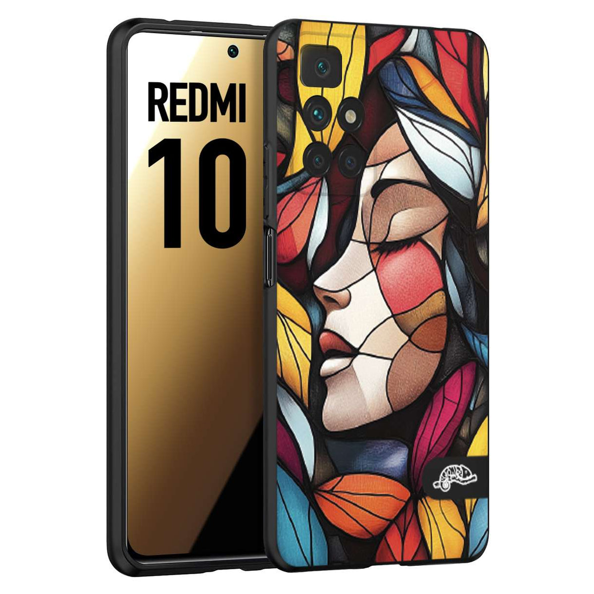 CUSTOMIZZA - Custodia cover nera morbida in tpu compatibile per Xiaomi Redmi 10 Vetrata artistica volto di donna profilo fogliare mosaico di vetro colorato