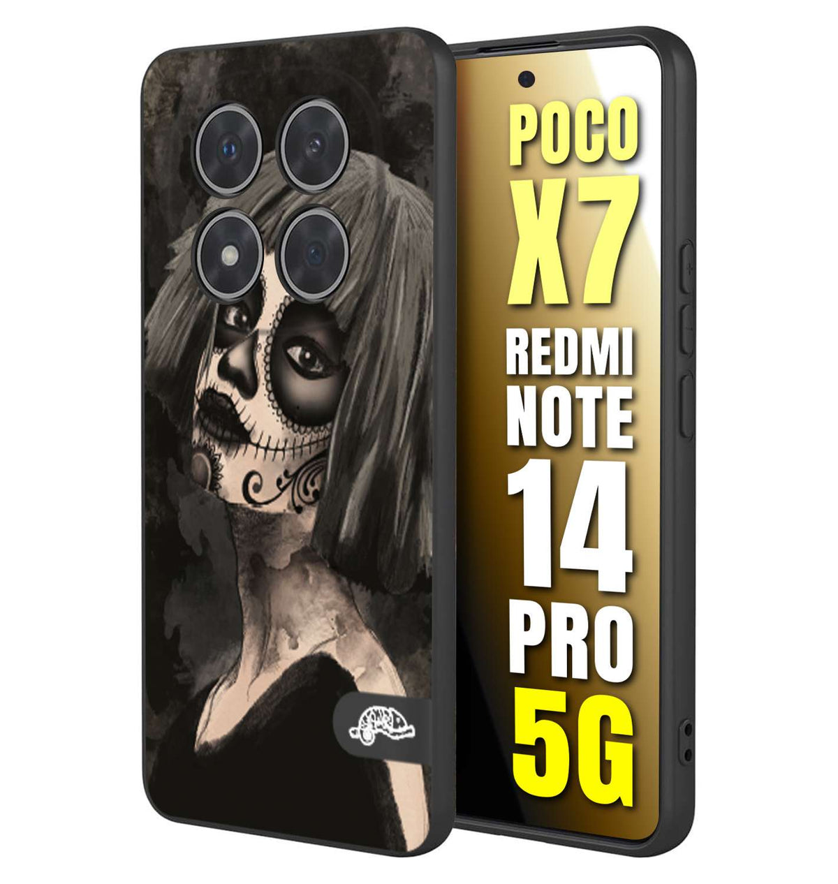 CUSTOMIZZA - Custodia cover nera morbida in tpu compatibile per Xiaomi Redmi Note 14 PRO 5G chicana messicana dea de la muerte donna santa tattoo disegnata