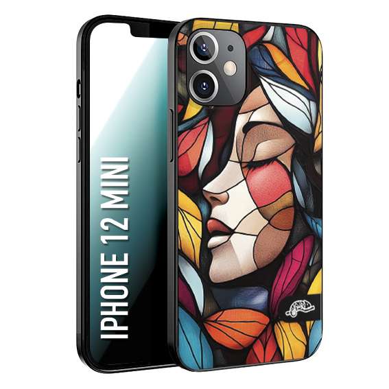 CUSTOMIZZA - Custodia cover nera morbida in tpu compatibile per iPhone 12 MINI Vetrata artistica volto di donna profilo fogliare mosaico di vetro colorato