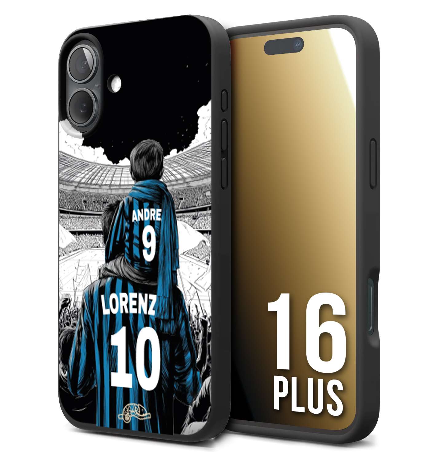 CUSTOMIZZA - Custodia cover nera morbida in tpu compatibile per iPhone 16 PLUS personalizzata calcio football padre e figlio calciatori nerazzurra