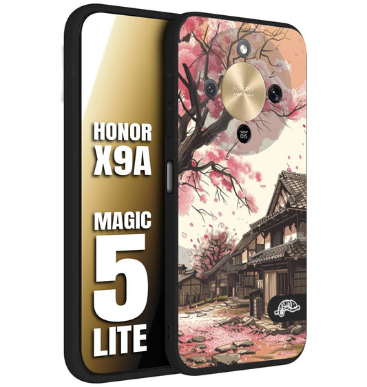 CUSTOMIZZA - Custodia cover nera morbida in tpu compatibile per Honor X9A - Honor Magic 5 Lite casa giapponese rosa ciliegio in fiore disegnata tattoo