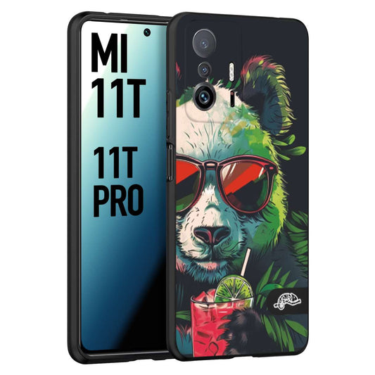 CUSTOMIZZA - Custodia cover nera morbida in tpu compatibile per Xiaomi Mi 11T - Mi 11T PRO estate disegnata cocktails animali simpatici panda mojito