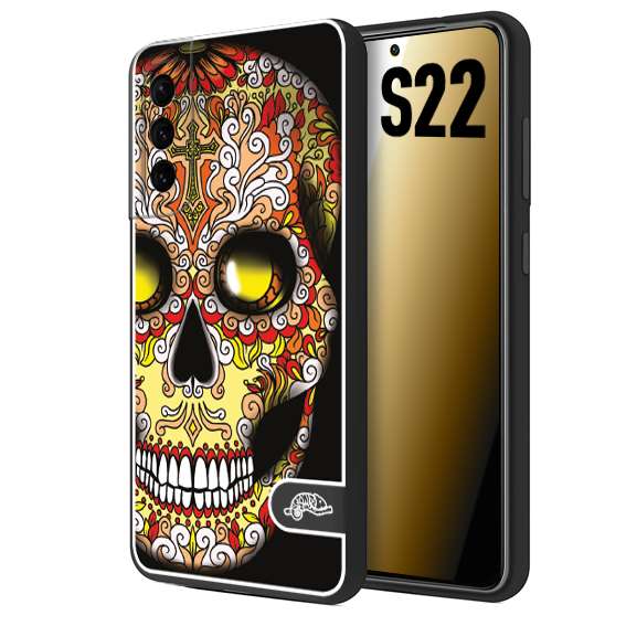 CUSTOMIZZA - Custodia cover nera morbida in tpu compatibile per Samsung S22 teschio messicano Mexican skull giallo rosso arancio