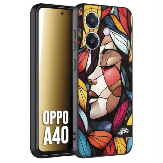 CUSTOMIZZA - Custodia cover nera morbida in tpu compatibile per Oppo A40 Vetrata artistica volto di donna profilo fogliare mosaico di vetro colorato