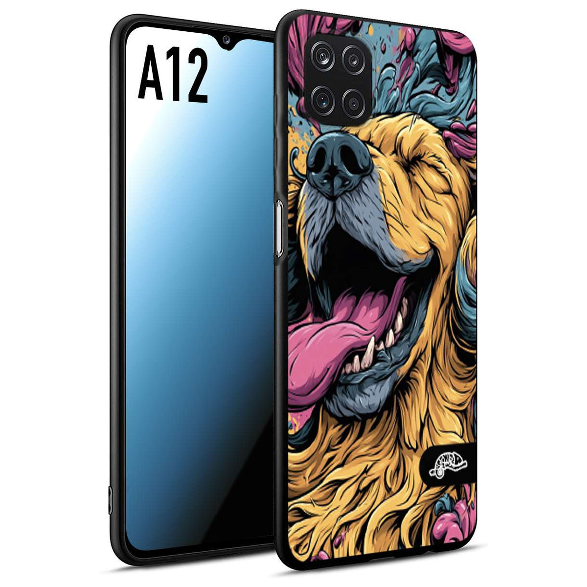 CUSTOMIZZA - Custodia cover nera morbida in tpu compatibile per Samsung A12 Golden Retriever illustrazione cane pop art cane street art cartone animato