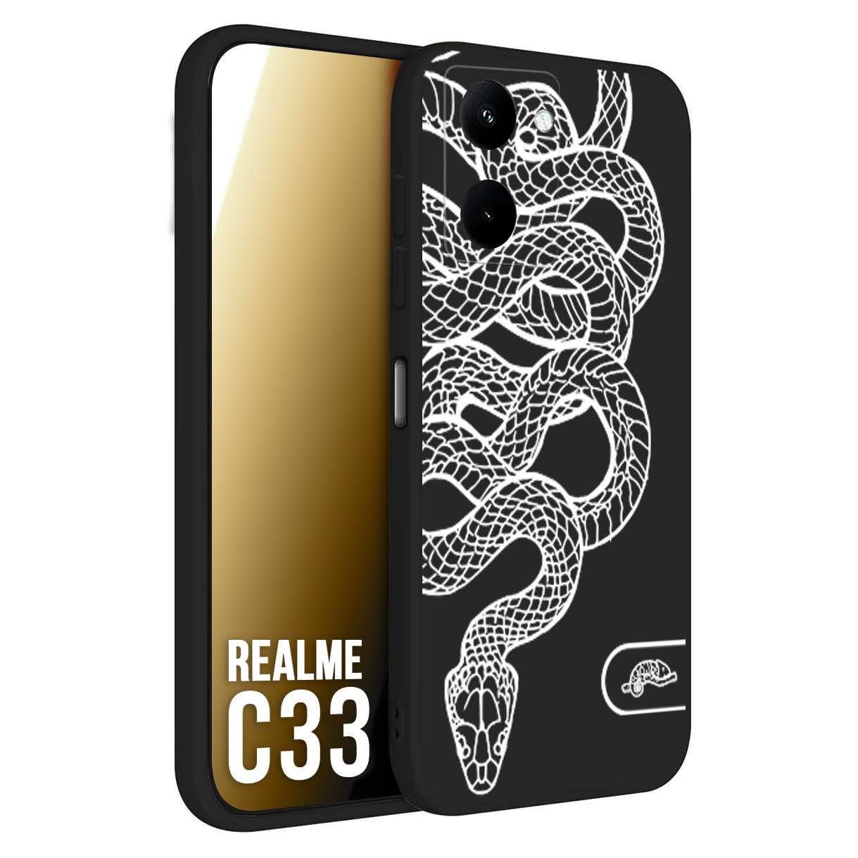 CUSTOMIZZA - Custodia cover nera morbida in tpu compatibile per Oppo Realme C33 serpente snake bianco a rilievo disegnato tattoo tatuaggio