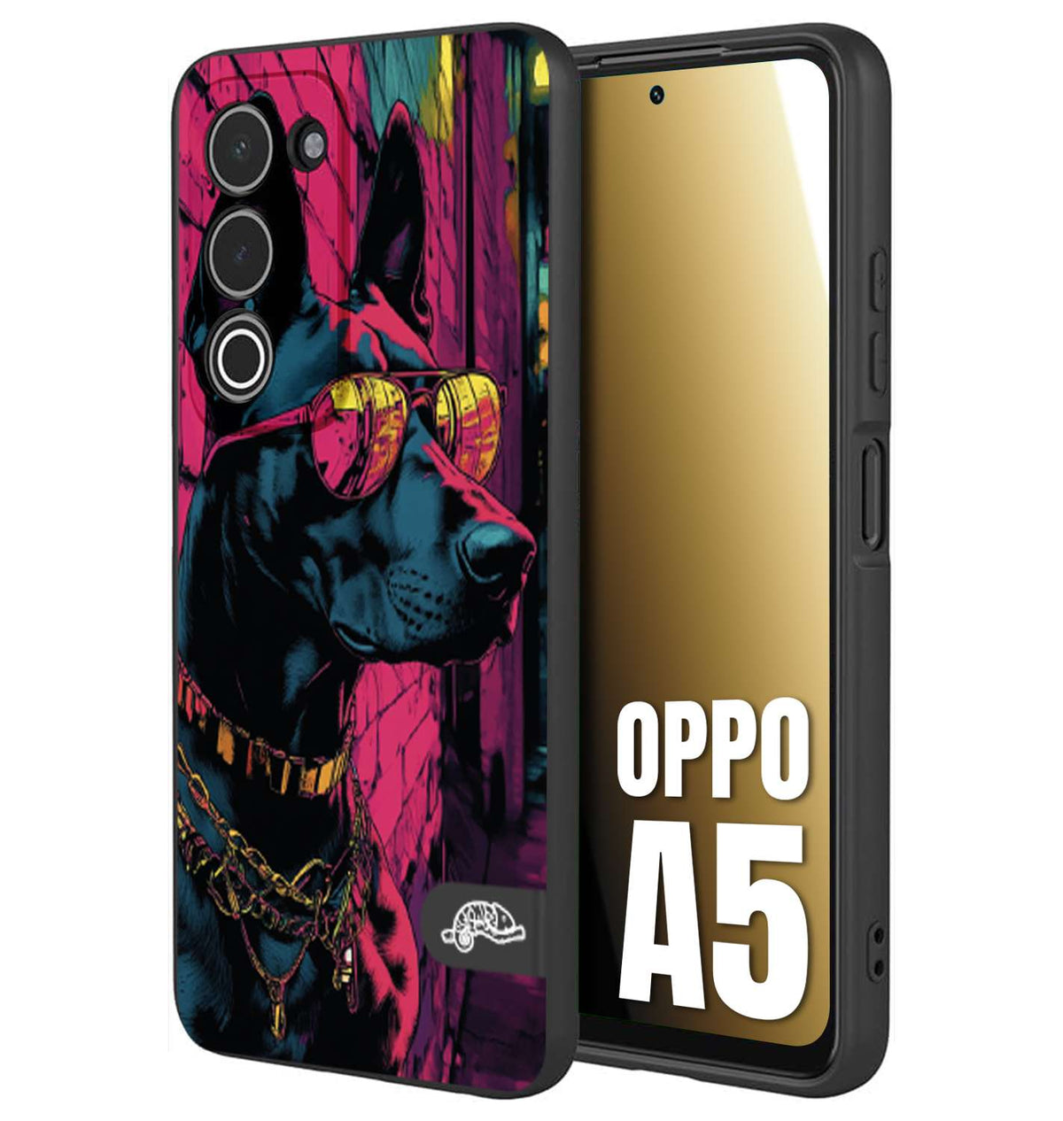 CUSTOMIZZA - Custodia cover nera morbida in tpu compatibile per Oppo A5 animali cyberpunk dobermann cane street dog fucsia blu