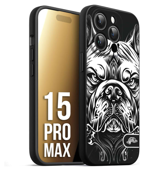 CUSTOMIZZA - Custodia cover nera morbida in tpu compatibile per iPhone 15 PRO MAX bulldog bianco a rilievo disegnato tattoo tatuaggio