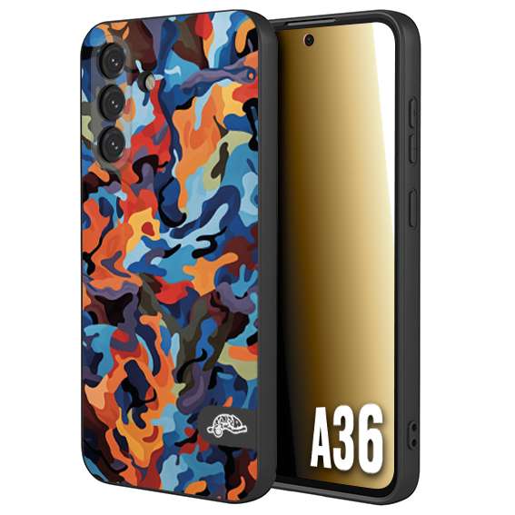 CUSTOMIZZA - Custodia cover nera morbida in tpu compatibile per Samsung A36 camouflage mimetico militare moderno blu arancio rosso