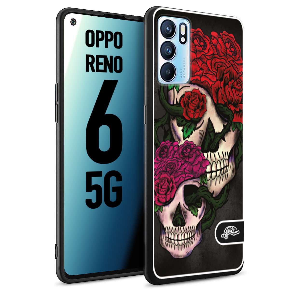 CUSTOMIZZA - Custodia cover nera morbida in tpu compatibile per Oppo Reno 6 5G teschi e rose rosse fucsia skull and roses