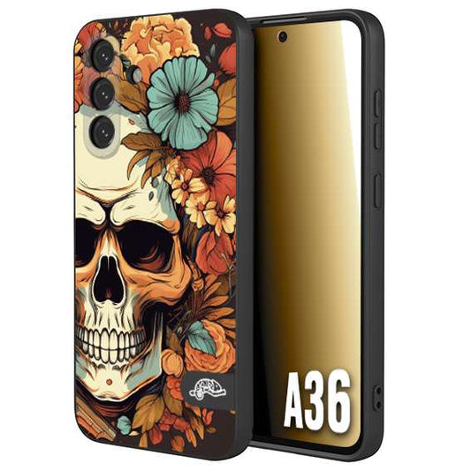 CUSTOMIZZA - Custodia cover nera morbida in tpu compatibile per Samsung A36 teschio skull flowers fiori autunnali arancio celeste tattoo