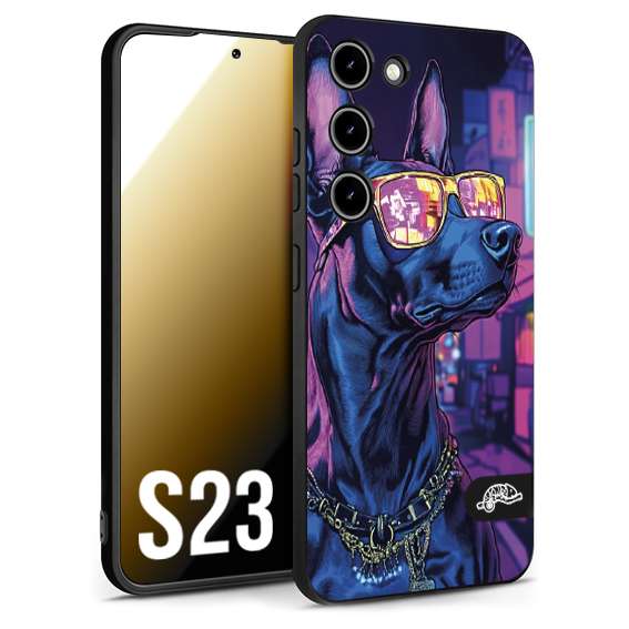 CUSTOMIZZA - Custodia cover nera morbida in tpu compatibile per Samsung S23 animali cyberpunk dobermann cane street dog fucsia blu night