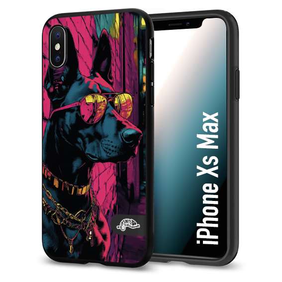 CUSTOMIZZA - Custodia cover nera morbida in tpu compatibile per iPhone Xs Max animali cyberpunk dobermann cane street dog fucsia blu