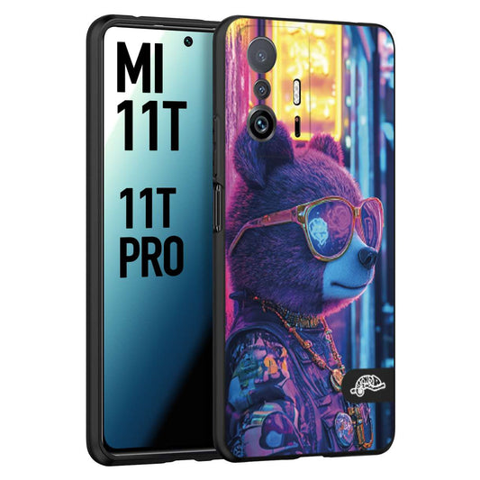 CUSTOMIZZA - Custodia cover nera morbida in tpu compatibile per Xiaomi Mi 11T - Mi 11T PRO animali cyberpunk orsetto orso street bear fucsia blu night