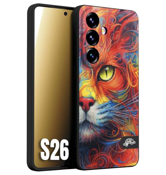 CUSTOMIZZA - Custodia cover nera morbida in tpu compatibile per Samsung S26 animali color cat gatto viso colori vibranti disegnato schizzo