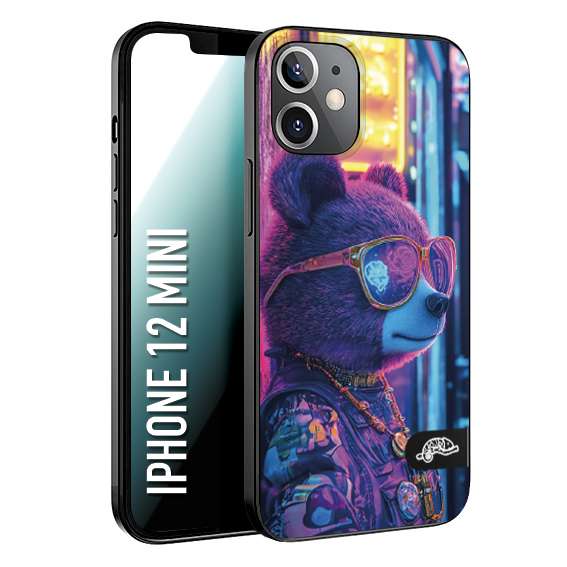 CUSTOMIZZA - Custodia cover nera morbida in tpu compatibile per iPhone 12 MINI animali cyberpunk orsetto orso street bear fucsia blu night