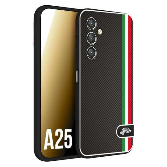 CUSTOMIZZA - Custodia cover nera morbida in tpu compatibile per Samsung A25 effetto fibra di carbonio bandiera Italia made in Italy