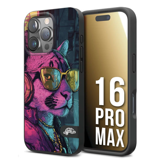 CUSTOMIZZA - Custodia cover nera morbida in tpu compatibile per iPhone 16 PRO MAX animali cyberpunk pantera street cat fucsia blu giallo