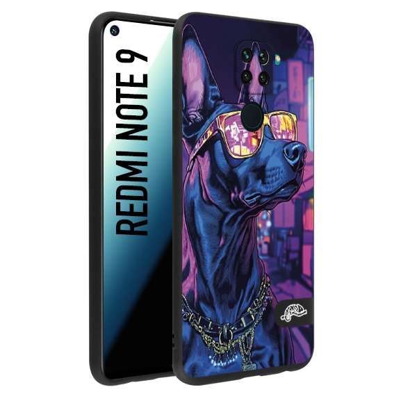 CUSTOMIZZA - Custodia cover nera morbida in tpu compatibile per Xiaomi Redmi Note 9 animali cyberpunk dobermann cane street dog fucsia blu night