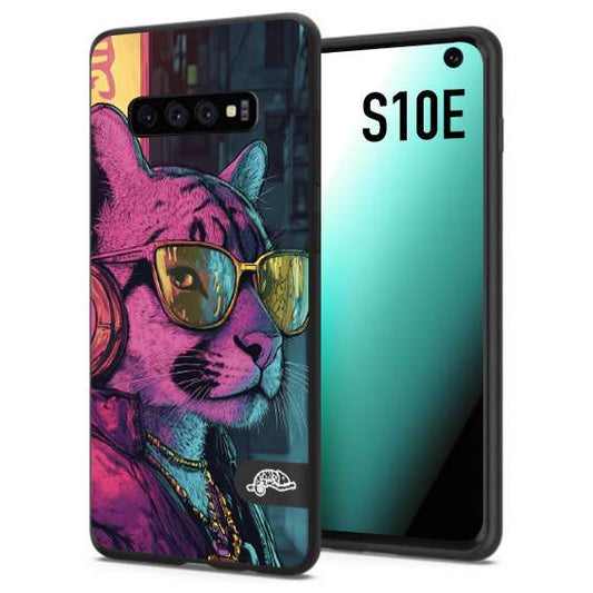 CUSTOMIZZA - Custodia cover nera morbida in tpu compatibile per Samsung S10E animali cyberpunk pantera street cat fucsia blu giallo