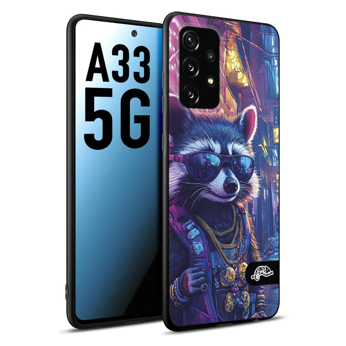 CUSTOMIZZA - Custodia cover nera morbida in tpu compatibile per Samsung A33 5G animali simpatici cyberpunk procione racoon street cat fucsia blu giallo