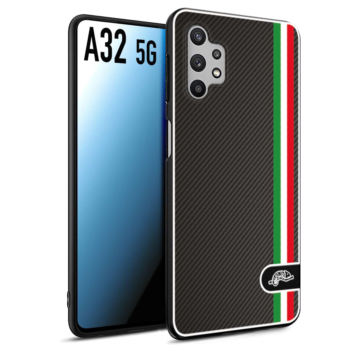 CUSTOMIZZA - Custodia cover nera morbida in tpu compatibile per Samsung A32 5G effetto fibra di carbonio bandiera Italia made in Italy