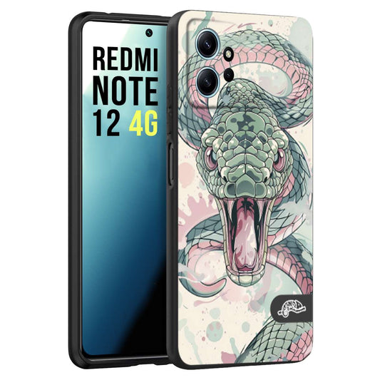 CUSTOMIZZA - Custodia cover nera morbida in tpu compatibile per Xiaomi Redmi Note 12 4G snake pink green serpente tatuaggio tattoo disegnato a mano