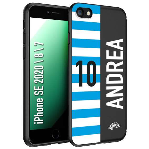 CUSTOMIZZA - Custodia cover nera morbida in tpu compatibile per iPhone 7 - 8 - SE 2020 / 2022 personalizzata calcio football nome e numero calciatori biancazzurri