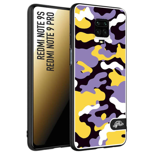 CUSTOMIZZA - Custodia cover nera morbida in tpu compatibile per Xiaomi Redmi Note 9S - Note 9 PRO camouflage mimetico militare viola lilla giallo