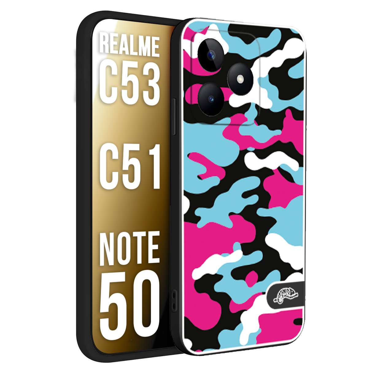 CUSTOMIZZA - Custodia cover nera morbida in tpu compatibile per Oppo Realme C53 - C51 - NOTE 50 camouflage mimetico militare fucsia celeste