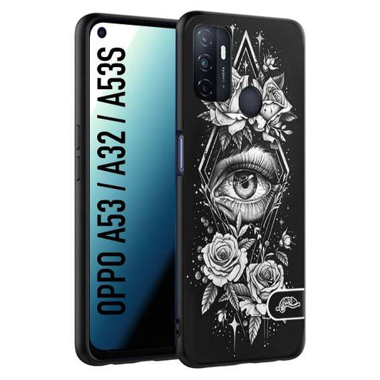 CUSTOMIZZA - Custodia cover nera morbida in tpu compatibile per Oppo A53 - A32 - A53S occhio fiori rombo geometrico black and white bianco a rilievo disegnato tattoo tatuaggio
