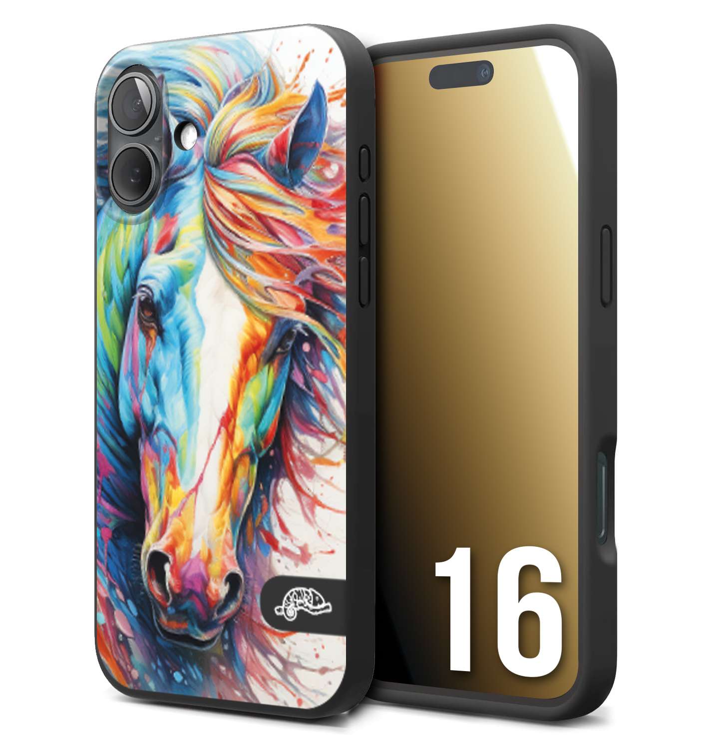 CUSTOMIZZA - Custodia cover nera morbida in tpu compatibile per iPhone 16 animali color cavallo horse viso colori vibranti disegnato schizzo