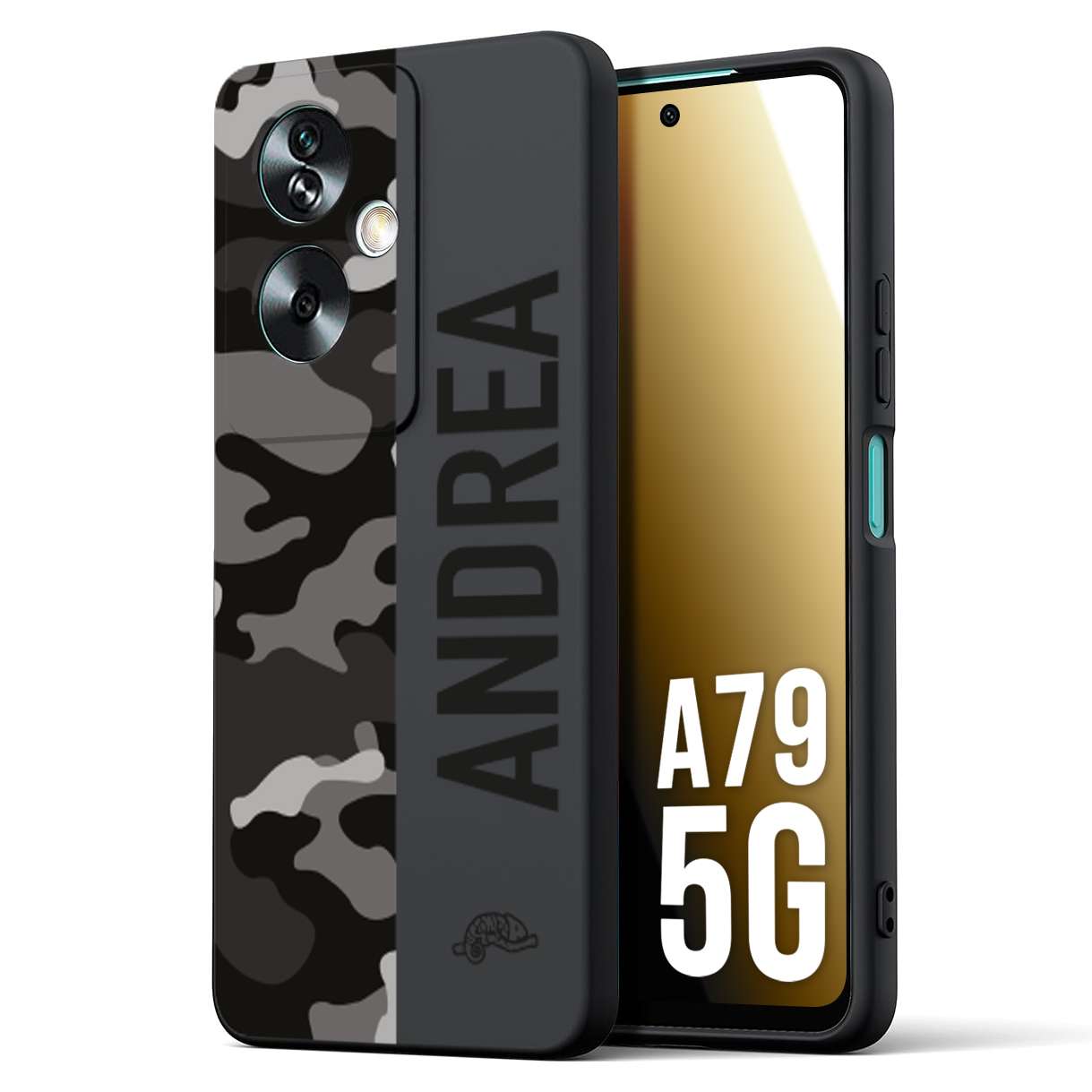 CUSTOMIZZA - Custodia cover nera morbida in tpu compatibile per Oppo A79 5G camouflage mimetico militare personalizzata nome