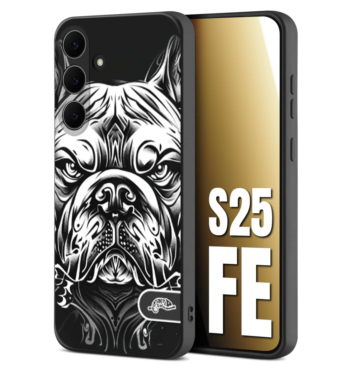 CUSTOMIZZA - Custodia cover nera morbida in tpu compatibile per Samsung S25 FE bulldog bianco a rilievo disegnato tattoo tatuaggio