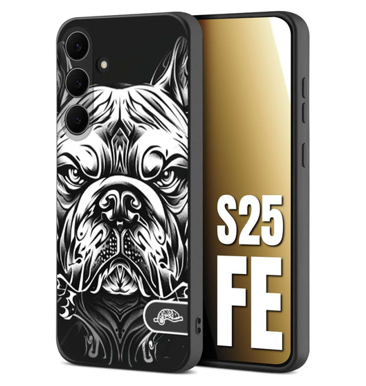 CUSTOMIZZA - Custodia cover nera morbida in tpu compatibile per Samsung S25 FE bulldog bianco a rilievo disegnato tattoo tatuaggio
