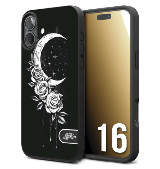 CUSTOMIZZA - Custodia cover nera morbida in tpu compatibile per iPhone 16 luna e fiori moon flowers black and white bianco a rilievo disegnato