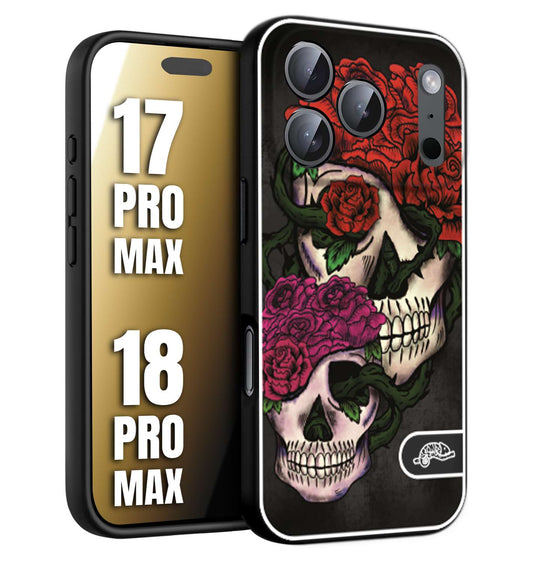 CUSTOMIZZA - Custodia cover nera morbida in tpu compatibile per iPhone 17 PRO MAX - 18 PRO MAX teschi e rose rosse fucsia skull and roses