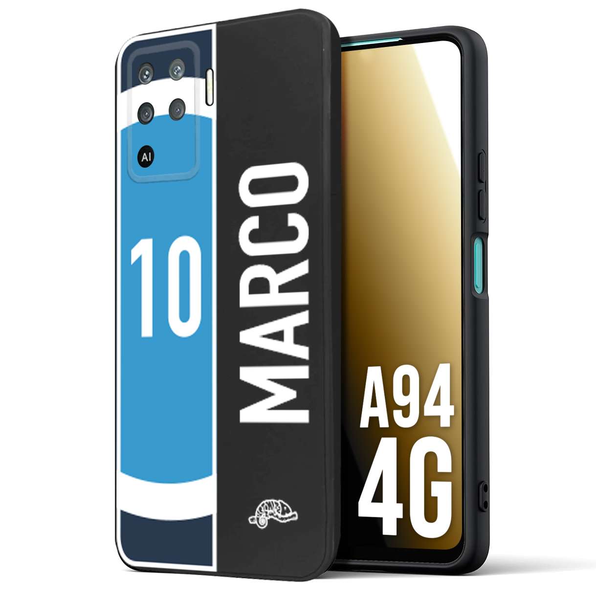 CUSTOMIZZA - Custodia cover nera morbida in tpu compatibile per Oppo A94 4G personalizzata calcio football nome e numero calciatori biancoazzurri bianco celesti