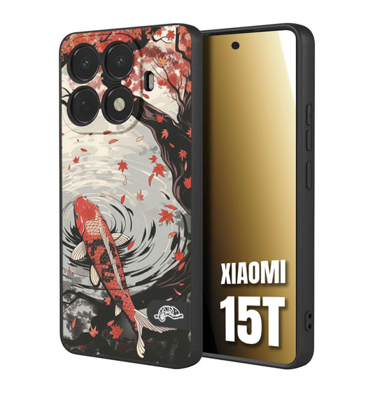 CUSTOMIZZA - Custodia cover nera morbida in tpu compatibile per Xiaomi 15T giapponese lago carpa koi rossa con foglie d'acero rosso disegnata tattoo