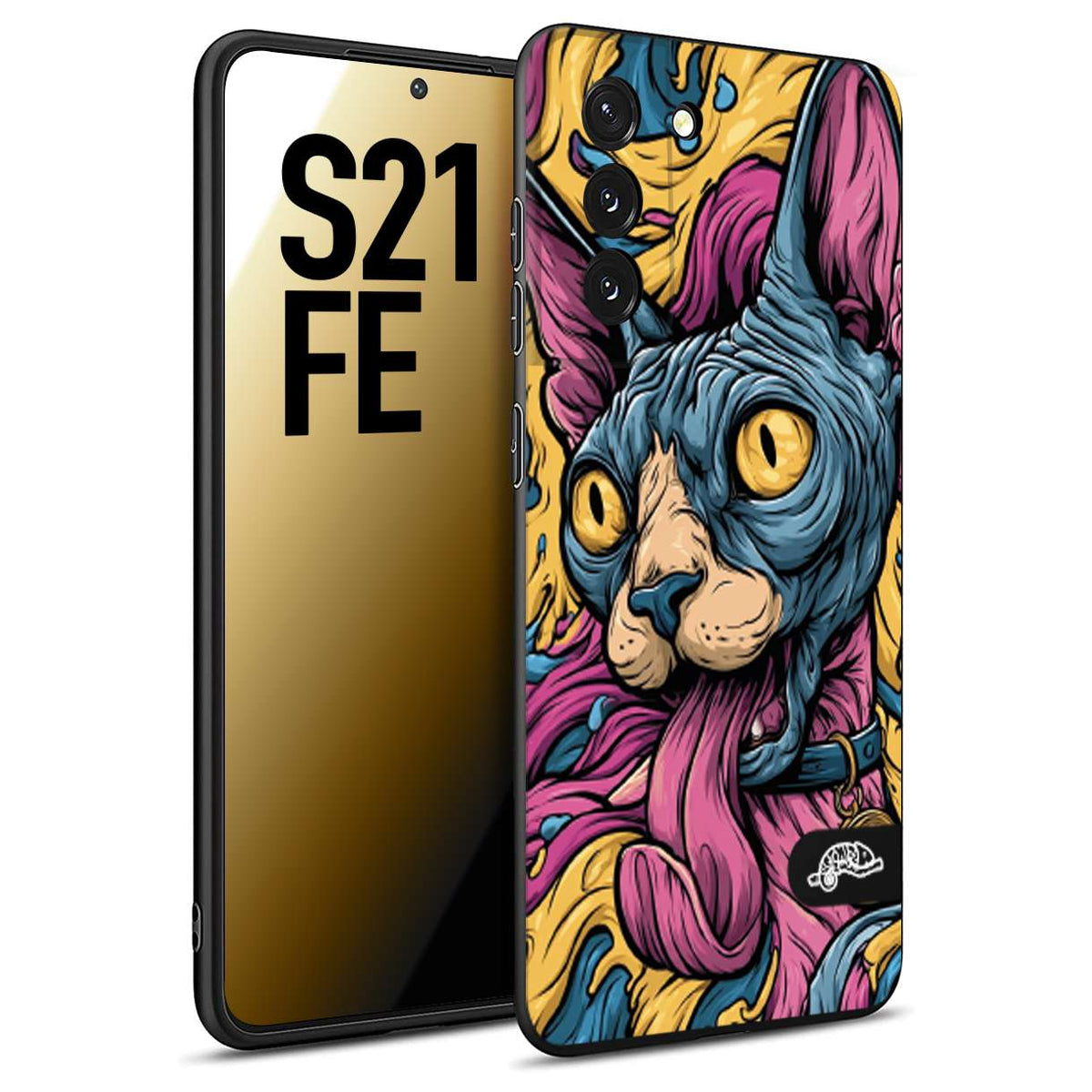 CUSTOMIZZA - Custodia cover nera morbida in tpu compatibile per Samsung S21 FE Sphynx Colorato Pop Art Psichedelico Gatto Blu Rosa Giallo Artistica Fantasy