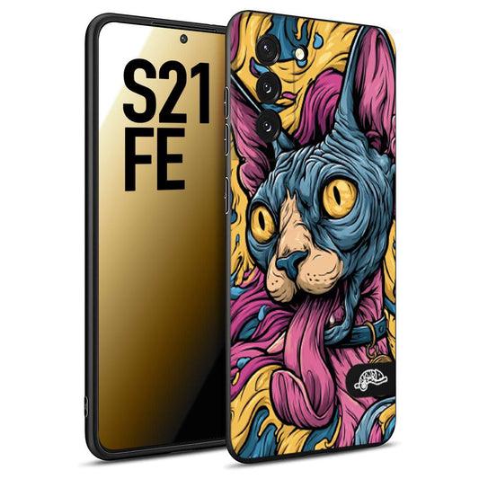 CUSTOMIZZA - Custodia cover nera morbida in tpu compatibile per Samsung S21 FE Sphynx Colorato Pop Art Psichedelico Gatto Blu Rosa Giallo Artistica Fantasy