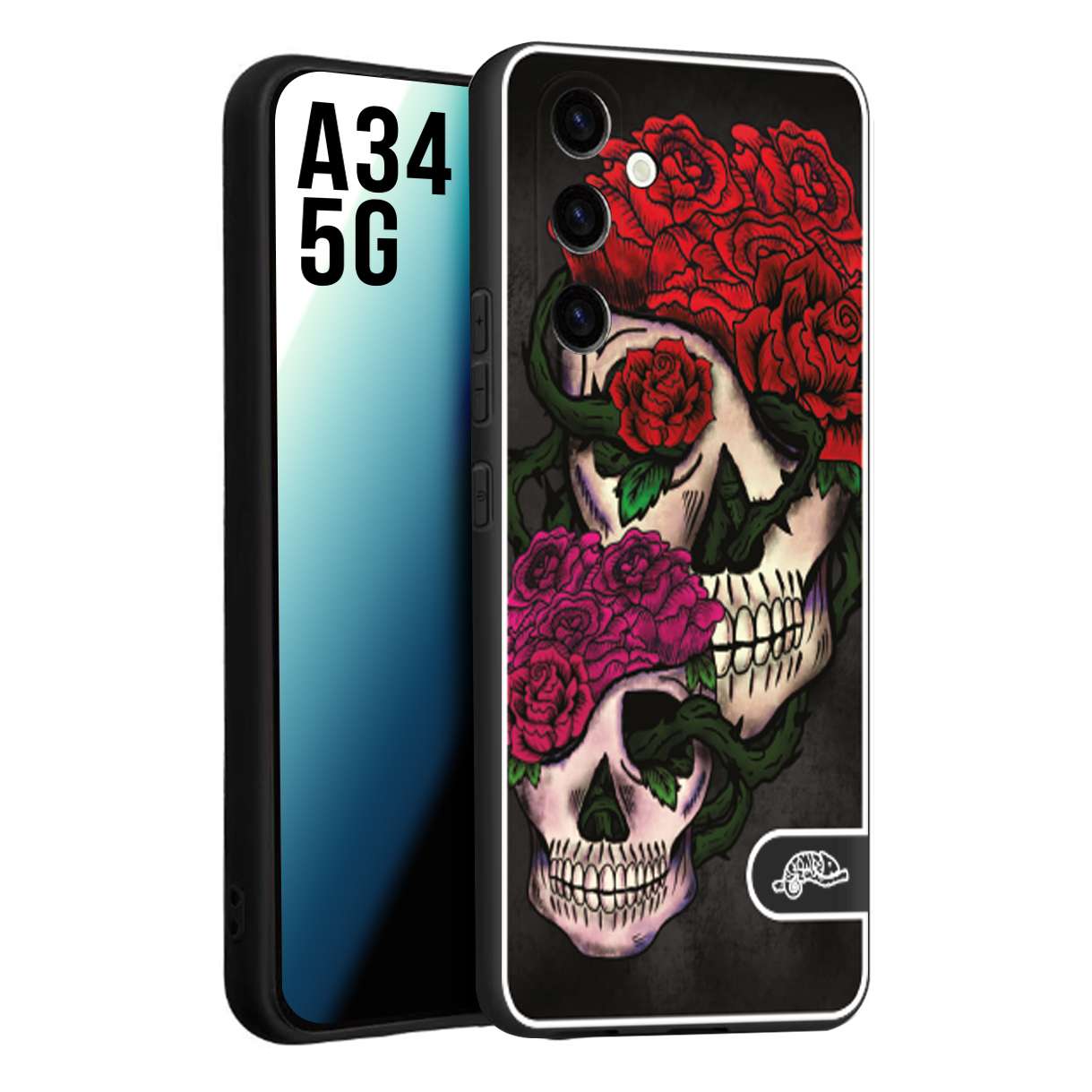 CUSTOMIZZA - Custodia cover nera morbida in tpu compatibile per Samsung A34 5G teschi e rose rosse fucsia skull and roses