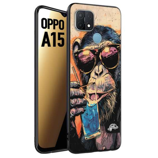 CUSTOMIZZA - Custodia cover nera morbida in tpu compatibile per Oppo A15 estate disegnata cocktails animali simpatici scimmia monkey negroni