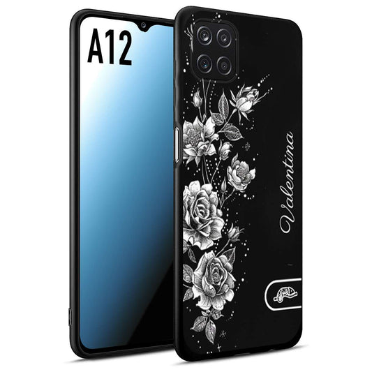 CUSTOMIZZA - Custodia cover nera morbida in tpu compatibile per Samsung A12 personalizzata rilievo soft touch nome rose fiori donna